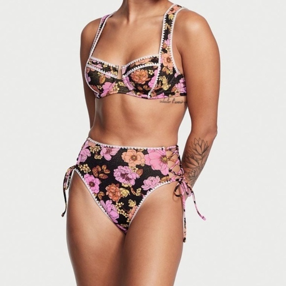Victorias Secret High Waist Cheeky Sparkly Floral Side Lace Bikini Bottoms